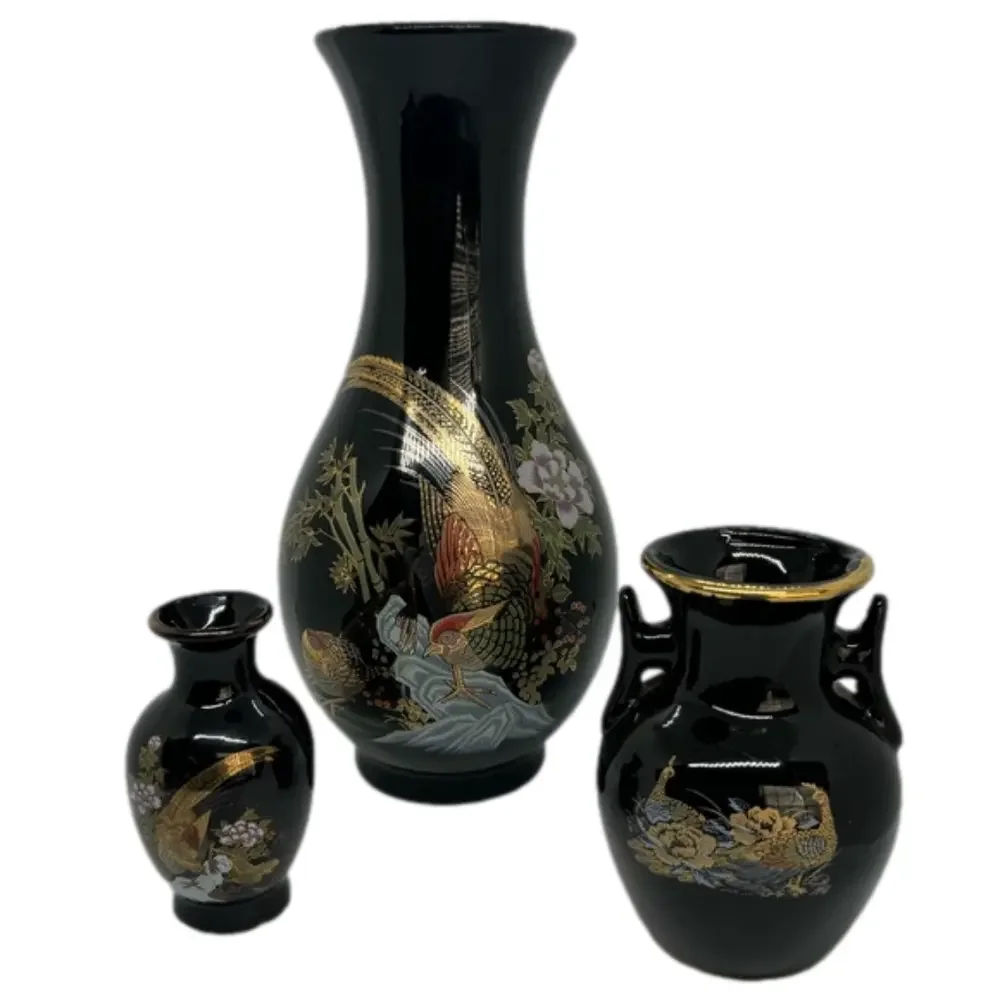 Vintage Japanese Set of 3 Black & Gold Assorted Vases with Golden Pheasant